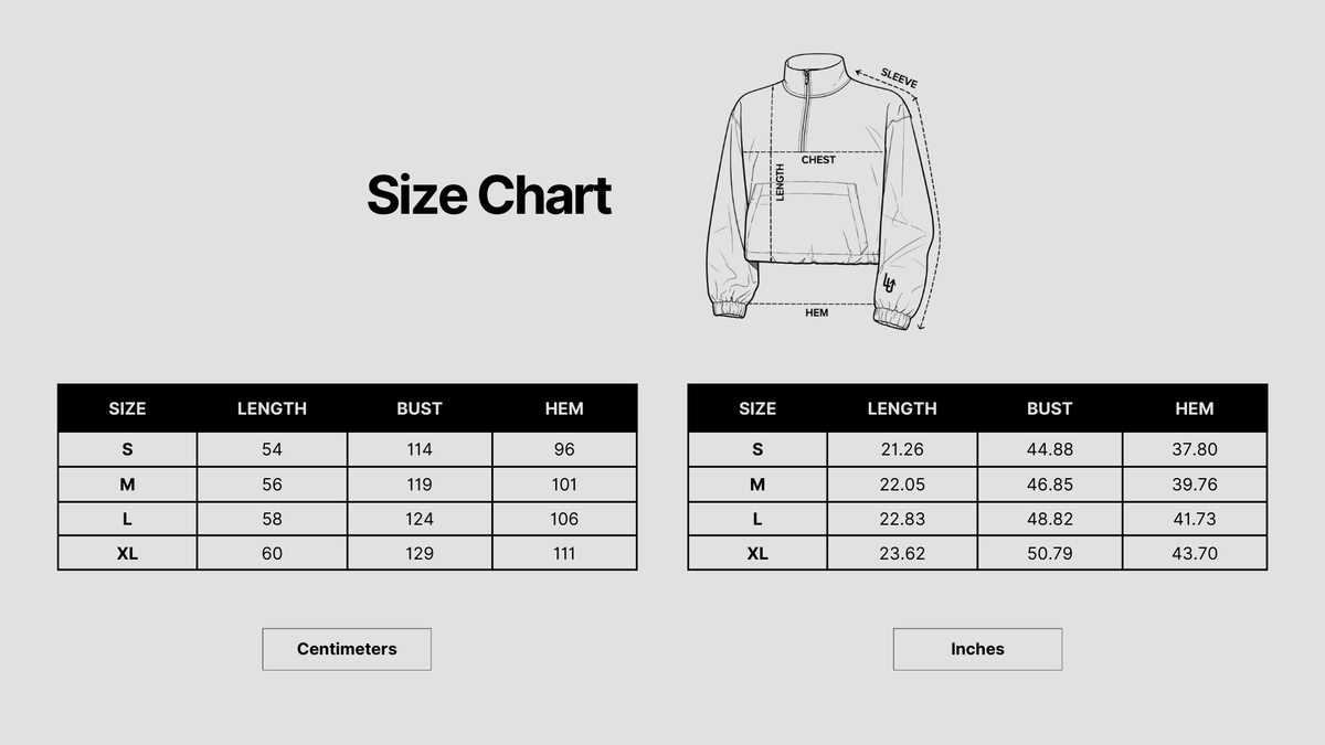Vital 1/4 Jacket - Black Size Chart