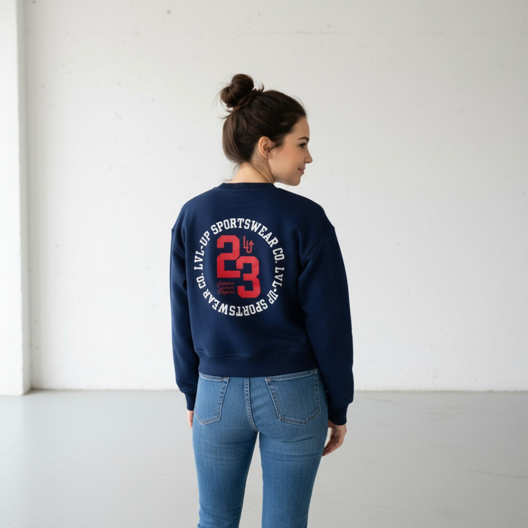 EVERYDAY CROPPED CREWNECK WOMAN - NAVY WITH PRINT